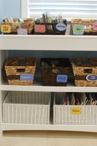 Shelf with living books in baskets