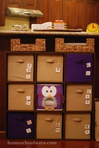 Shelf with canvas bins, labeled for different school subjects