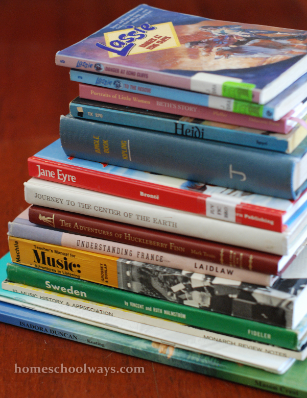 Stack of books bought at the King Family Library Used Book Sale