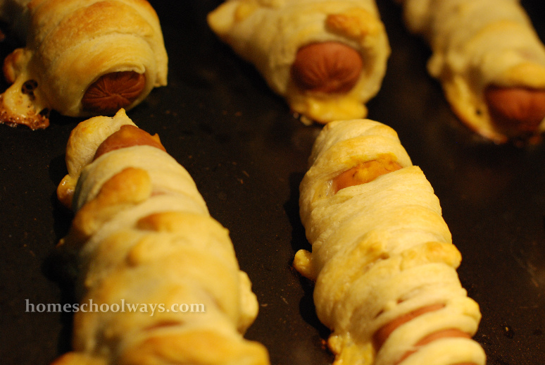 We baked mummies out of Big Franks and Pillsbury Crescent Rolls.
