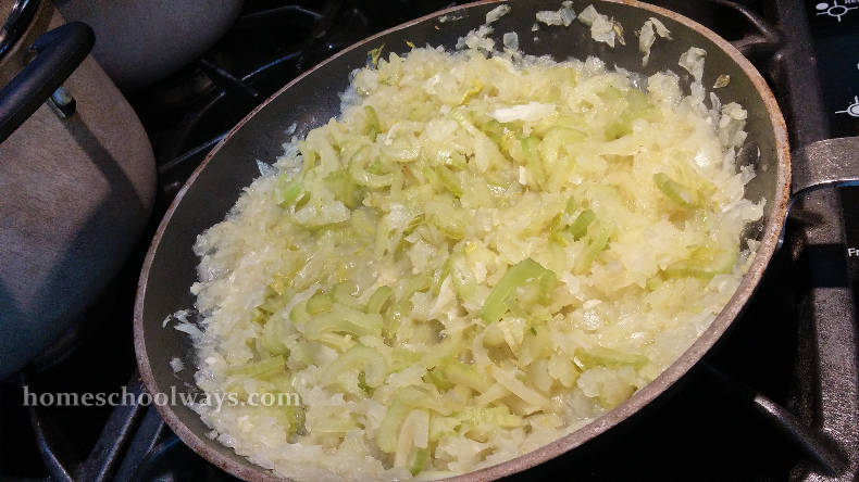 Onion and celery sauteeing while the rice was cooking by itself