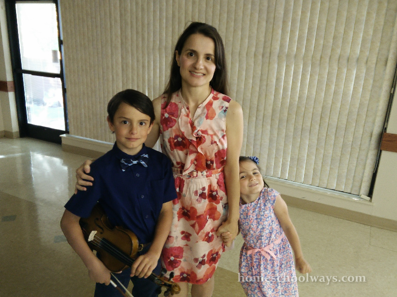 Mom, son and daughter, after violin recital