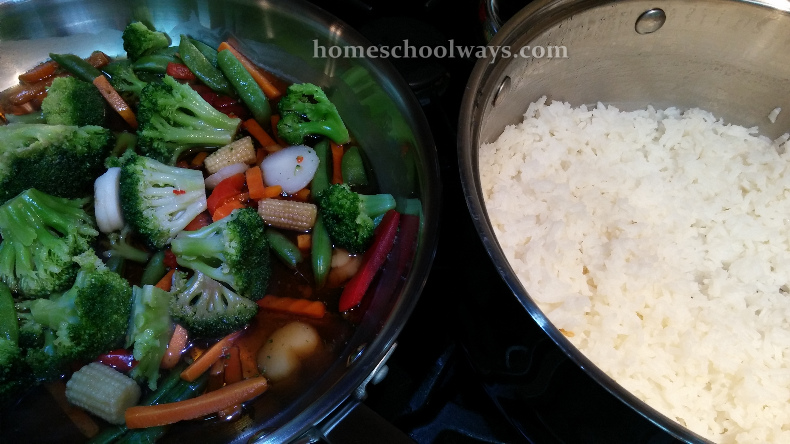 Veggie stir-fry and boiled rice