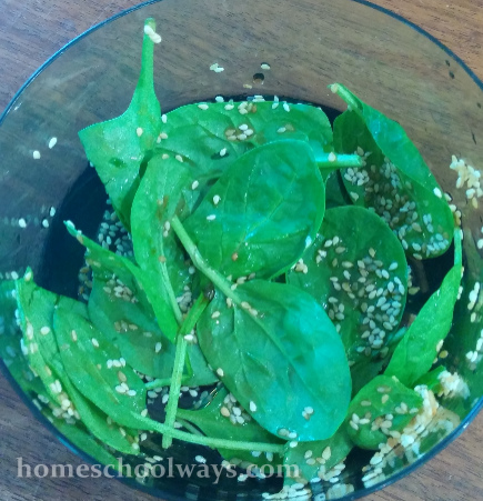Spinach tossed with sesame seed dressing