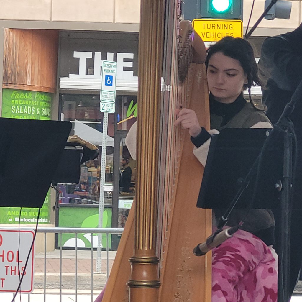 Teenage girl playing the harp