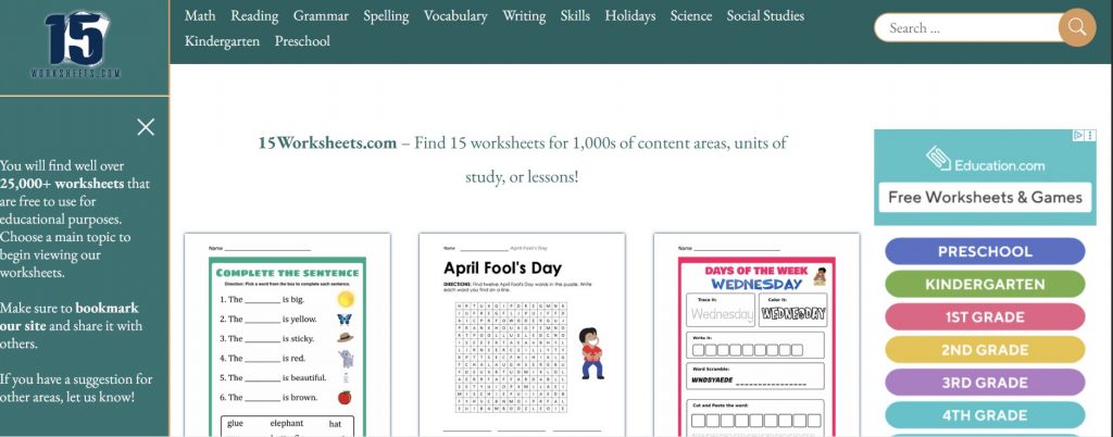 15Worksheets.com Homepage